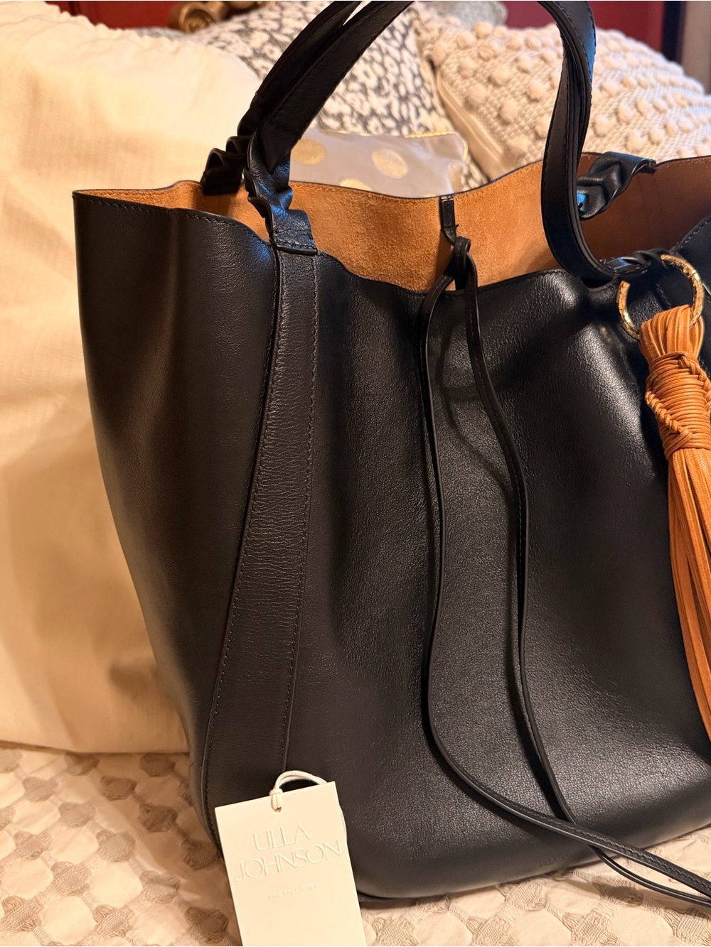 Ulla Johnson Black Leather Tote Bag with Tan Tassel - Picture 6 of 6